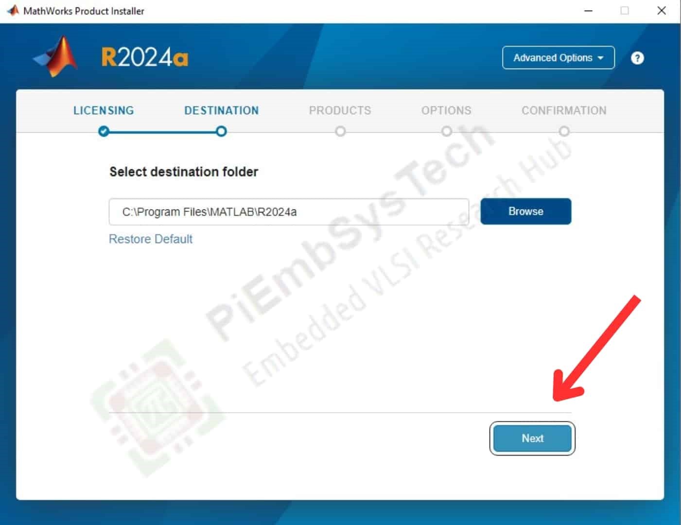 Screenshot of the MathWorks product installer for R2024a, showing the Destination Folder step with options to select or browse a folder path, and a red arrow pointing towards the ‘Next’ button.