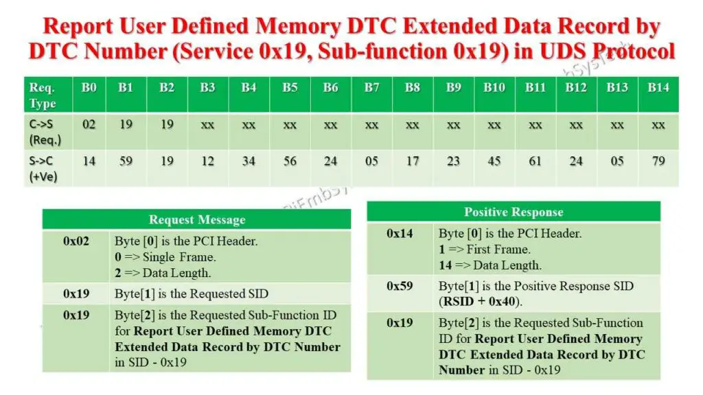 UDS 0x19 Service Report User Defined Memory DTC Extended Data Record Request and Positive Response over CAN